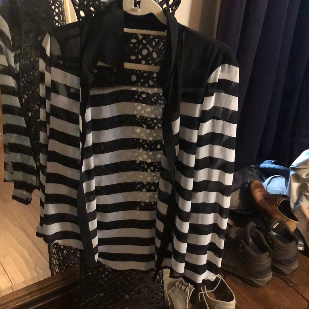 Sheer Black and White Striped Blouse